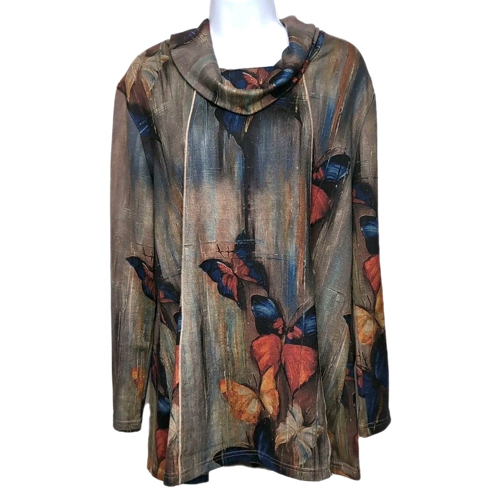 Shana Cowl‎ Neck Knit Tunic Top Womens L Butterfly Print Art To Wear Lagenlook